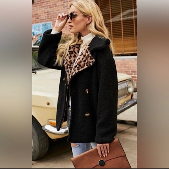 🥳HP 11/28/22🎉 Black Leopard Print Shearling Teddy Coat Sizes S/M/L/XL - Picture 2 of 6